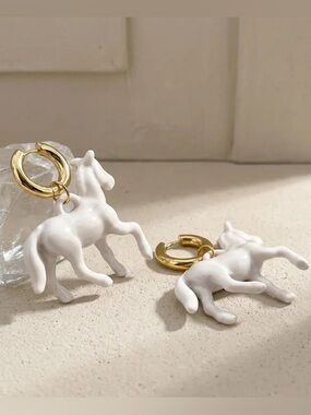 White Horse Charm Hoop Earrings with Gold Hoops